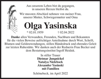 Traueranzeige von Olga Yasinska  von Magdeburger Volksstimme