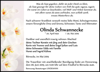 Traueranzeige von Olinda Schannecke  von Magdeburger Volksstimme