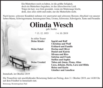Traueranzeige von Olinda Wesch (geb. Seelke)  von Magdeburger Volksstimme