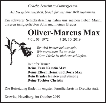 Traueranzeige von Oliver-Marcus Max  von Magdeburger Volksstimme