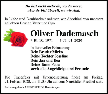 Traueranzeige von Oliver Dademasch  von Magdeburger Volksstimme