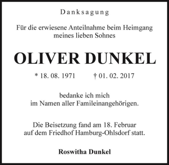 Traueranzeige von Oliver Dunkel  von Magdeburger Volksstimme