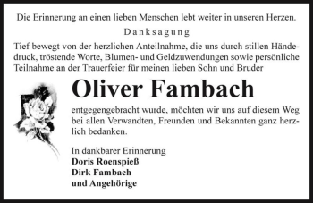 Traueranzeige von Oliver Fambach  von Magdeburger Volksstimme