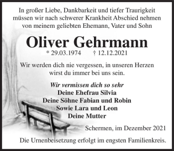 Traueranzeige von Oliver Gehrmann  von Magdeburger Volksstimme