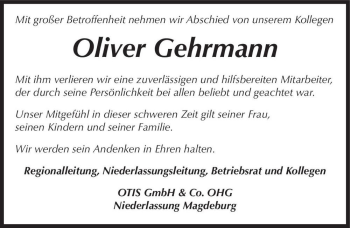 Traueranzeige von Oliver Gehrmann  von Magdeburger Volksstimme