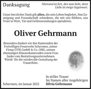 Traueranzeige von Oliver Gehrmann  von Magdeburger Volksstimme
