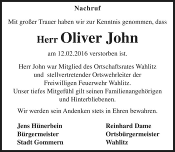 Traueranzeige von Oliver John  von Magdeburger Volksstimme