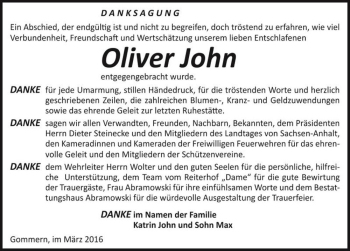 Traueranzeige von Oliver John  von Magdeburger Volksstimme