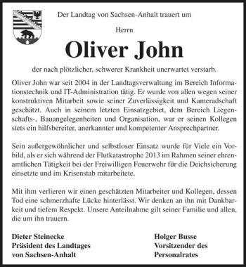 Traueranzeige von Oliver John  von Magdeburger Volksstimme