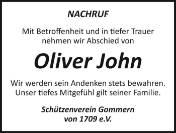 Traueranzeige von Oliver John  von Magdeburger Volksstimme