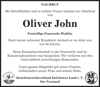 Traueranzeige von Oliver John  von Magdeburger Volksstimme