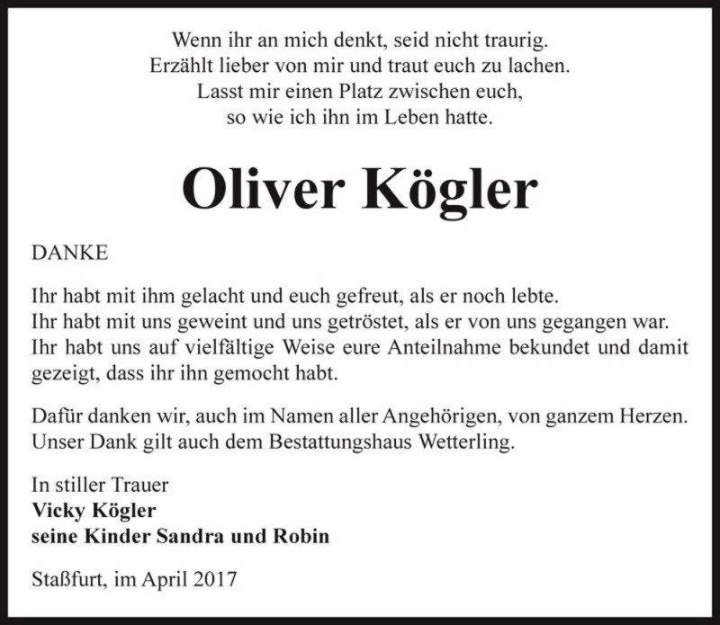  Traueranzeige für Oliver Kögler  vom 22.04.2017 aus Magdeburger Volksstimme