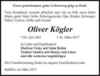 Traueranzeige von Oliver Kögler  von Magdeburger Volksstimme