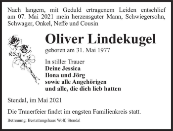 Traueranzeige von Oliver Lindekugel  von Magdeburger Volksstimme
