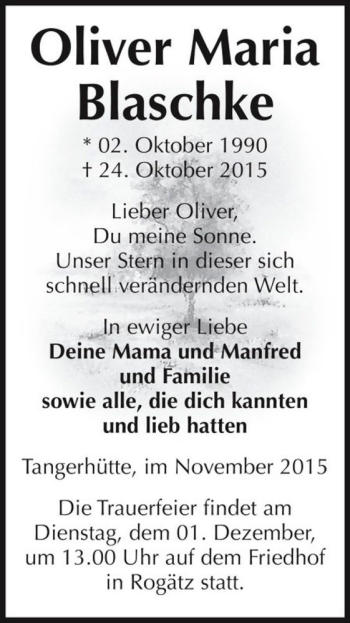 Traueranzeige von Oliver Maria Blaschke  von Magdeburger Volksstimme