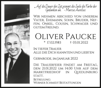 Traueranzeige von Oliver Paucke  von Magdeburger Volksstimme