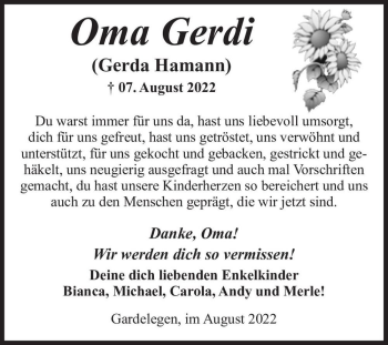 Traueranzeige von Oma Gerdi (Gerda Hamann)  von Magdeburger Volksstimme