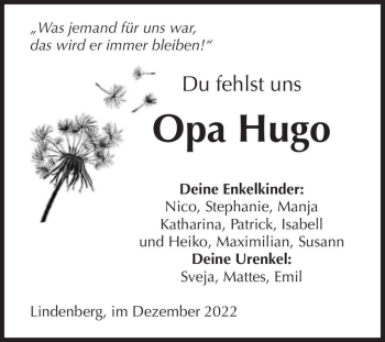 Traueranzeige von Opa Hugo  von Magdeburger Volksstimme