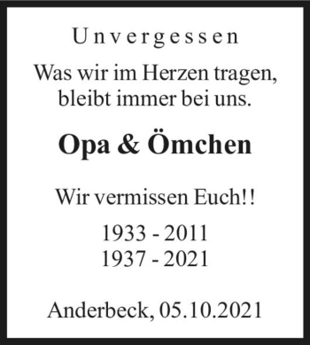 Traueranzeige von Opa und Ömchen  von Magdeburger Volksstimme
