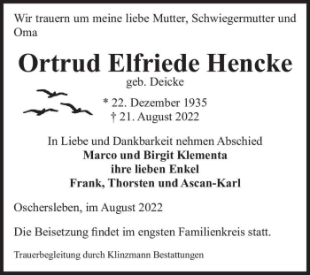 Traueranzeige von Ortrud Elfriede Hencke (geb. Deicke)  von Magdeburger Volksstimme
