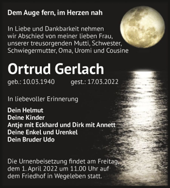 Traueranzeige von Ortrud Gerlach  von Magdeburger Volksstimme