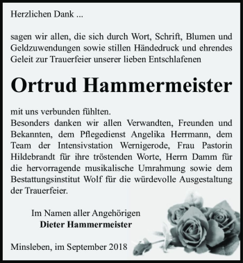 Traueranzeige von Ortrud Hammermeister  von Magdeburger Volksstimme