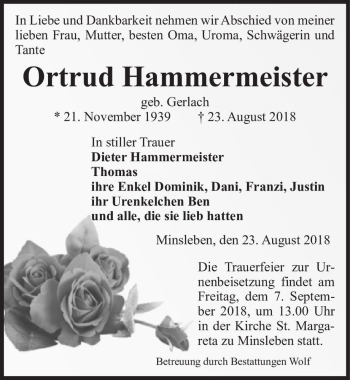 Traueranzeige von Ortrud Hammermeister (geb. Gerlach)  von Magdeburger Volksstimme
