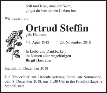 Traueranzeige von Ortrud Steffin (geb. Hamann)  von Magdeburger Volksstimme