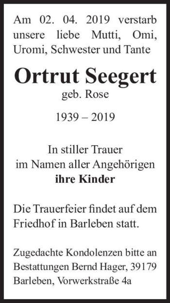Traueranzeige von Ortrut Seegert (geb. Rose)  von Magdeburger Volksstimme