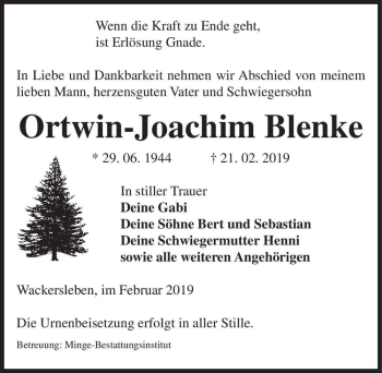 Traueranzeige von Ortwin-Joachim Blenke  von Magdeburger Volksstimme