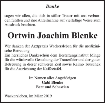 Traueranzeige von Ortwin Joachim Blenke  von Magdeburger Volksstimme