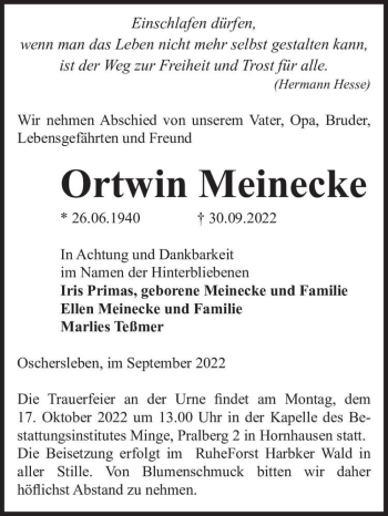 Traueranzeige von Ortwin Meinecke  von Magdeburger Volksstimme