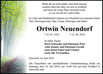 Traueranzeige von Ortwin Neuendorf  von Magdeburger Volksstimme