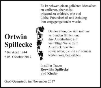 Traueranzeige von Ortwin Spillecke  von Magdeburger Volksstimme