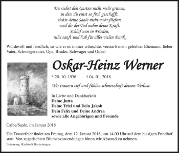 Traueranzeige von Oskar-Heinz Werner  von Magdeburger Volksstimme