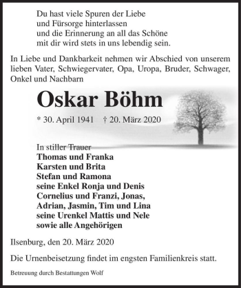 Traueranzeige von Oskar Böhm  von Magdeburger Volksstimme