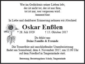 Traueranzeige von Oskar Enßlen  von Magdeburger Volksstimme