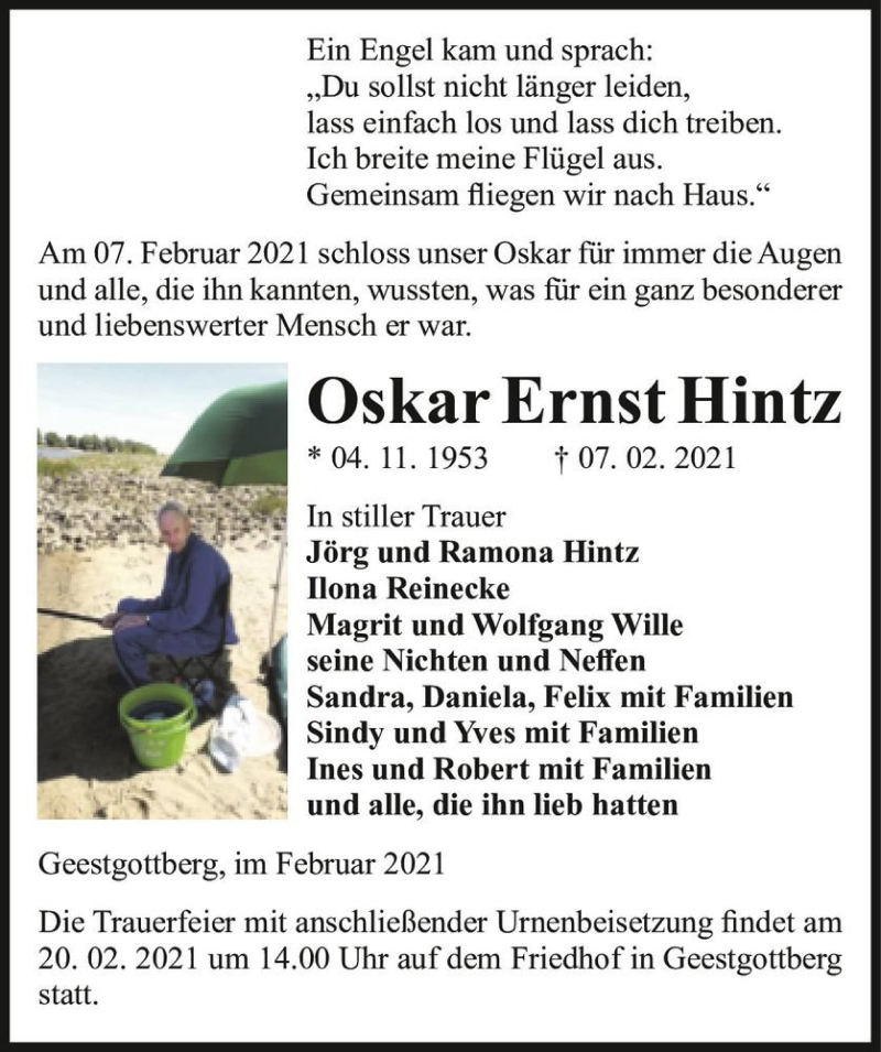  Traueranzeige für Oskar Ernst Hintz  vom 13.02.2021 aus Magdeburger Volksstimme