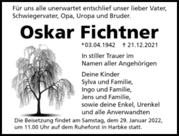 Traueranzeige von Oskar Fichtner  von Magdeburger Volksstimme