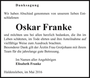 Traueranzeige von Oskar Franke  von Magdeburger Volksstimme