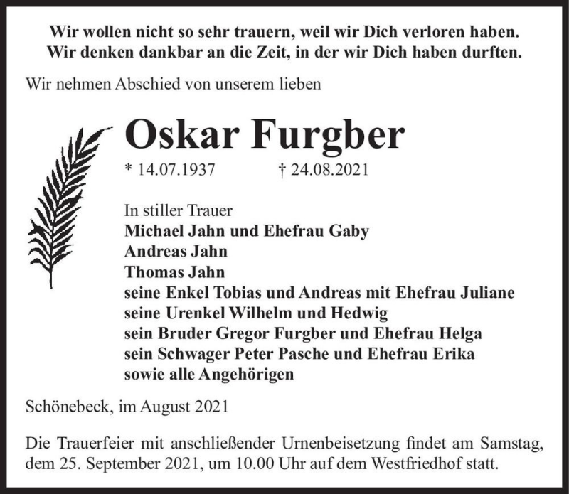  Traueranzeige für Oskar Furgber  vom 04.09.2021 aus Magdeburger Volksstimme
