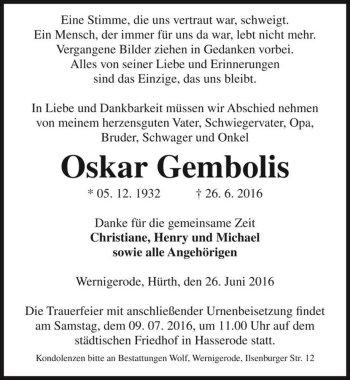 Traueranzeige von Oskar Gembolis  von Magdeburger Volksstimme
