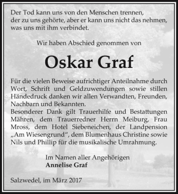 Traueranzeige von Oskar Graf  von Magdeburger Volksstimme