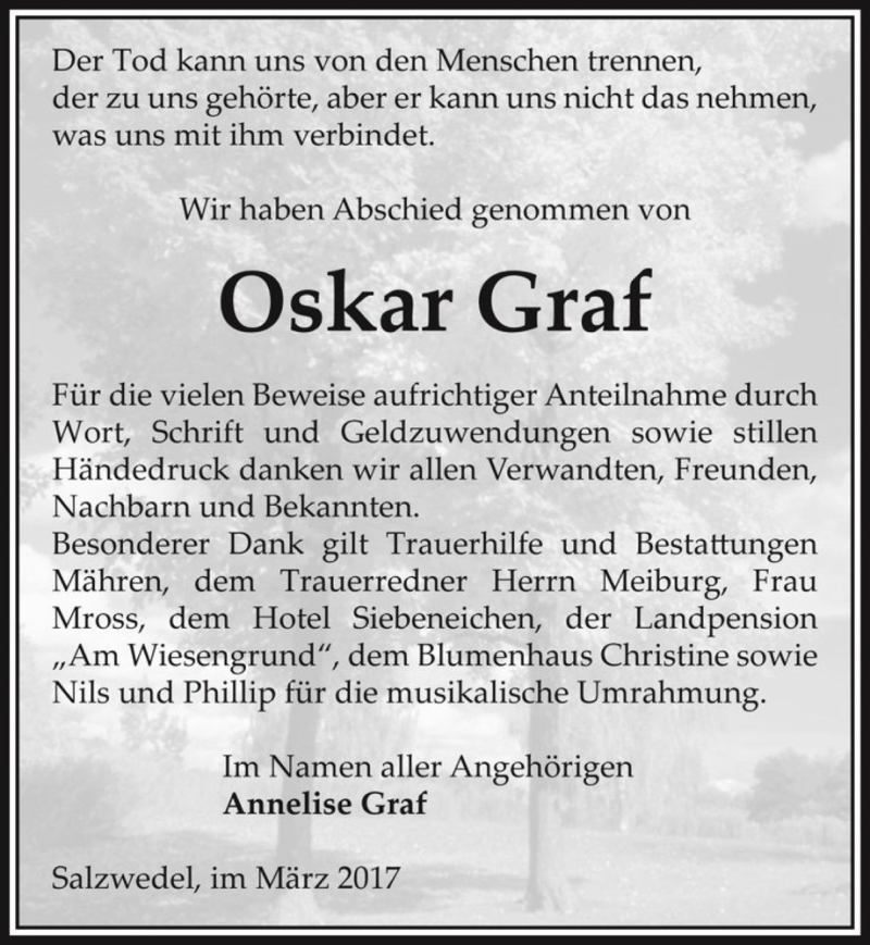  Traueranzeige für Oskar Graf  vom 07.04.2017 aus Magdeburger Volksstimme