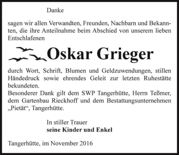 Traueranzeige von Oskar Grieger  von Magdeburger Volksstimme
