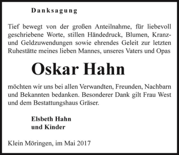 Traueranzeige von Oskar Hahn  von Magdeburger Volksstimme