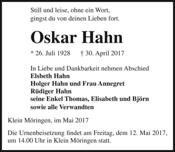Traueranzeige von Oskar Hahn  von Magdeburger Volksstimme