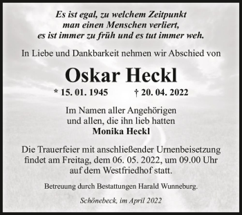 Traueranzeige von Oskar Heckl  von Magdeburger Volksstimme