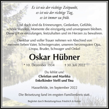 Traueranzeige von Oskar Hübner  von Magdeburger Volksstimme
