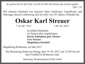 Traueranzeige von Oskar Karl Streuer  von Magdeburger Volksstimme